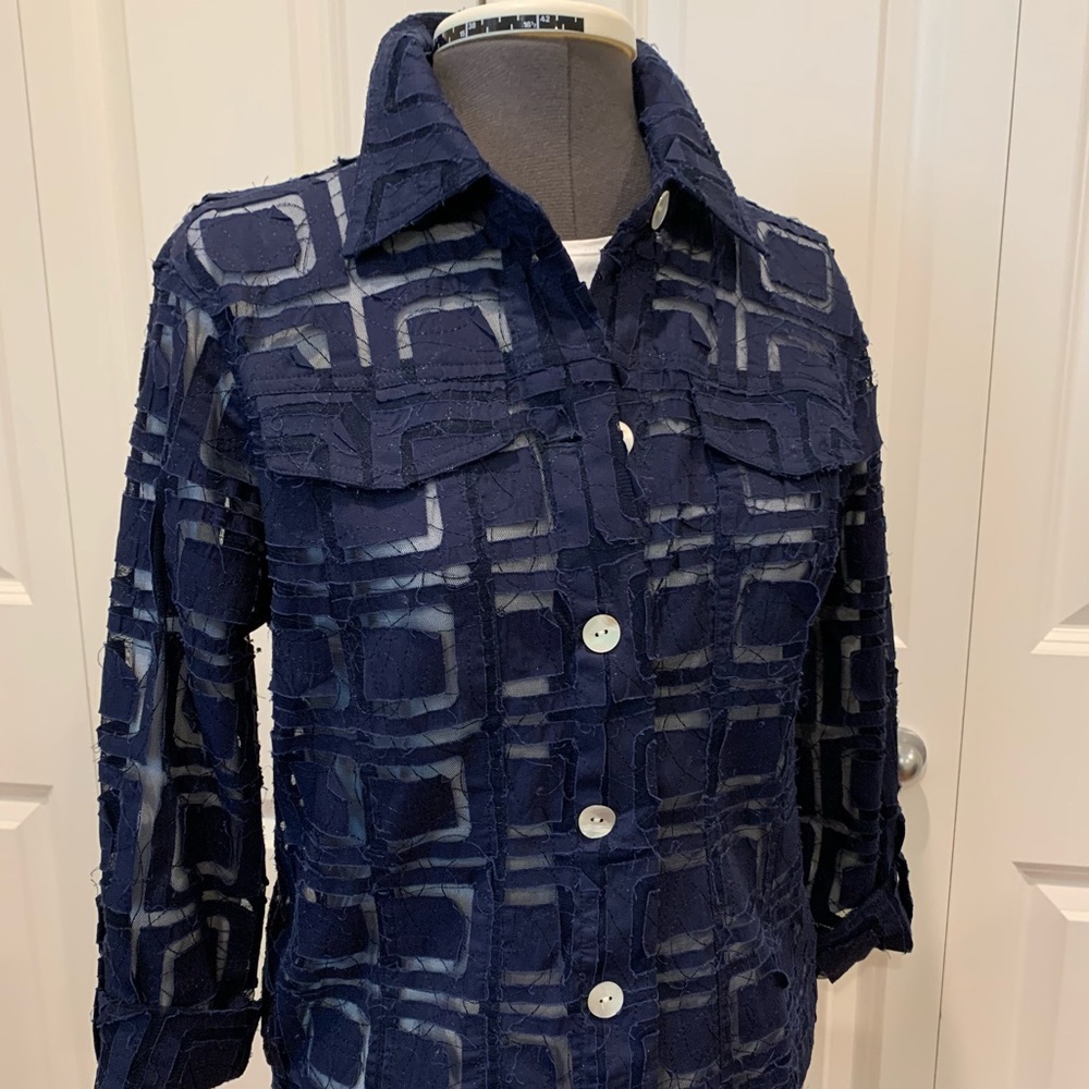 Navy Geometric Sheer Button-Front Women's Jacket